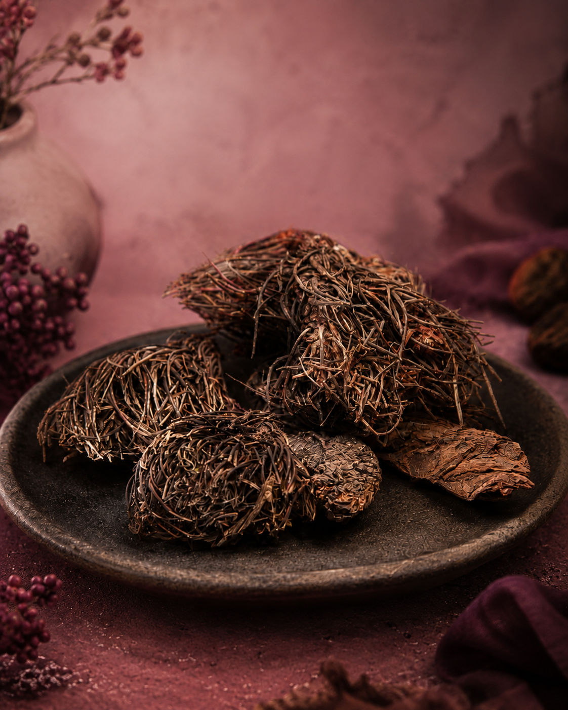 Dried Red Brush (Rhodiola quadrifida) root on a dark plate against a soft rose and plum botanical background.