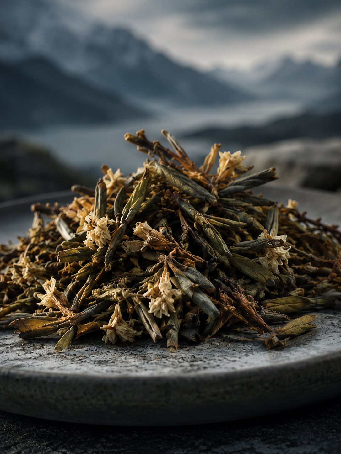 A close-up shot of a small mound of dried Sagan Dalya herbal tea, showing slender, rolled green leaves mixed with delicate pale cream-colored blossoms on a textured stone plate. The background features a dramatic, moody view of foggy mountains and a lake under an overcast sky.